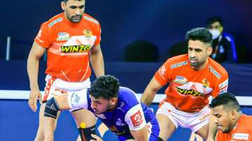 Players in Gujarat Giants vs Haryana Steelers match during Pro Kabddi League game on Monday