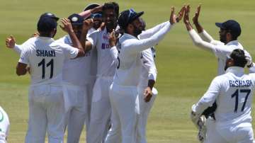 Ravichandran Ashwin of India celebrates the wicket of Lungi Ngidi of the Proteas during day 5 of the