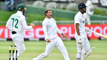 South Africa's Duanne Olivier celebrates the wicket of India opener KL Rahul during day 1 of the 3rd