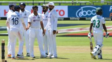 Shardul Thakur of India celebrates the wicket of Keegan Petersen of South Africa with team mates.