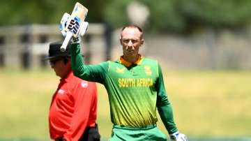 Rassie van der Dussen of South Africa celebrate after scoring a century against India in 1st ODI.