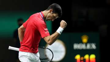 Novak Djokovic of Serbia celebrates match point 