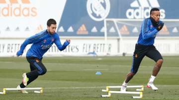 Real Madrid's Eden Hazard and Eder Militao trains at Valdebebas training ground on January 04, 2022 