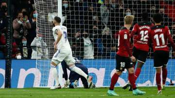 Real Madrid's Karim Benzema celebrates a goal during La Liga Santander match against Valencia CF at 