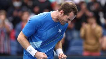 Andy Murray of Great Britain reacts after winning singles match against Nikoloz Basilashvili.