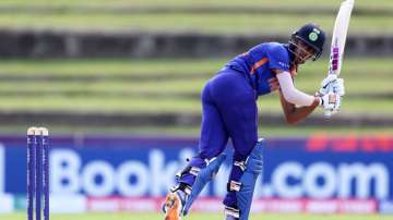 India's Harnoor Singh plays a shot during the ICC U19 World Cup against Ireland at the Brian Lara Cr