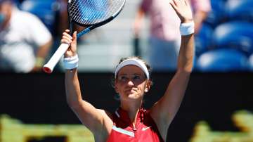 Victoria Azarenka of Belarus celebrates winning her third round singles match against Svitolina.