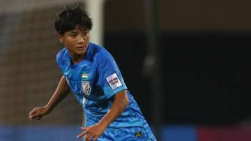 Nongmaithem Ratanbala Devi of India while kicking the ball during the AFC Women's Asian Cup 