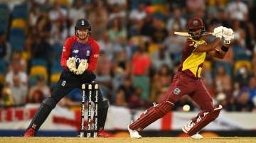 Shai Hope of West Indies plays a shot while Sam Billings of England keeps during WI vs ENG