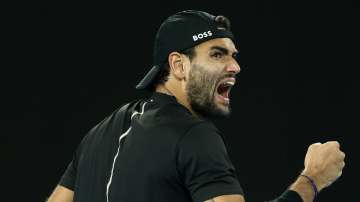 Matteo Berrettini celebrates a match point during the quarterfinals match against Gael Monfils 