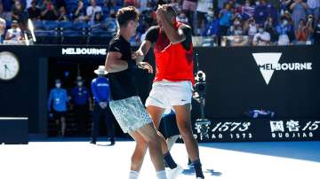 Nick Kyrgios and Thanasi Kokkinakis of Australia celebrate match point in their Semifinals match.