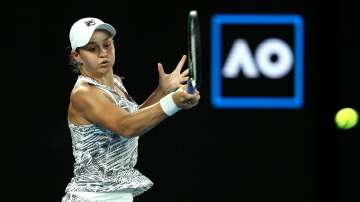 Ashleigh Barty hits a forehand against Madison Keys during the Australian Open 2022 semifinal in Mel