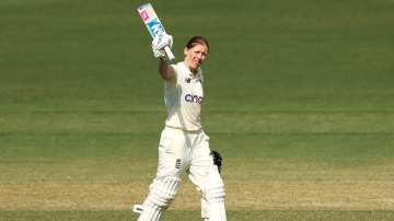 Heather Knight of England celebrates her century during day two of the Women's Test match in Ashes.