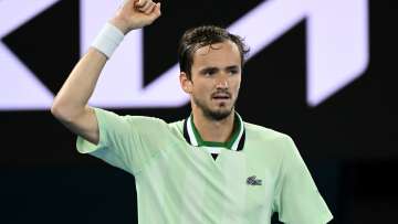 Daniil Medvedev raises his fist in the air after winning a point against Stefanos Tsitsipas in Melbourne on Friday.