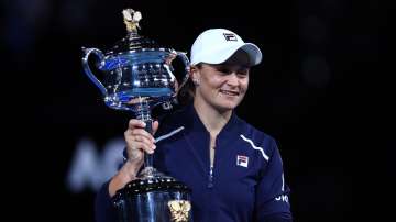 Ashleigh Barty of Australia poses with the Daphne Akhurst Memorial Cup after winning.