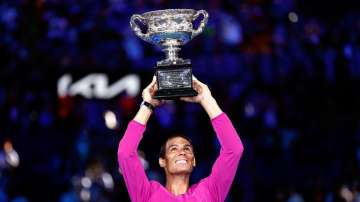 Rafael Nadal celebrates after winning the Australian Open 2022 title in Melbourne on Sunday.