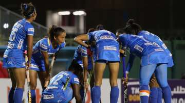 India women's hockey team during their match against Singapore in Muscat on Monday.