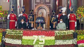 President Ram Nath Kovind addresses the Parliament during the Budget Session 2022, in New Delhi. Vice President and Rajya Sabha Chairman Venkaiah Naidu, and Lok Sabha Speaker Om Birla are also seen.