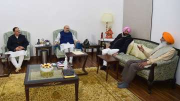 JP Nadda, Amit Shah, Captain Amarinder Singh and Sukhdev Singh Dhindsa during a meeting in Delhi on 