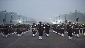 New Delhi: Indian Navy band perform during the rehearsal for the upcoming Republic Day parade, on a cold winter morning