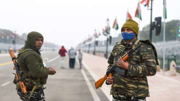 New Delhi: Army personnel stand guard at the Rajpath on the eve of the Republic Day celebrations
 