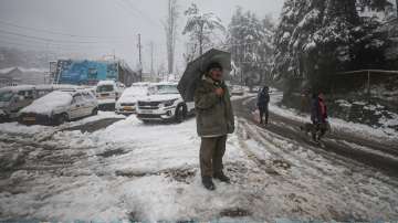 Jammu: A man stands at snow covered area of Jammu Kashmir National Highway near Patnitop hill resort, about 115 km from Jammu, Thursday, Jan. 6, 2022. 
 
