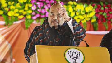 Union Home Minister and senior BJP leader Amit Shah addresses a public meeting, ahead of Assembly polls, in Anupshahar, Thursday, Feb 3, 2022. 