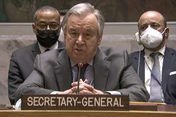 In this image from UNTV video, United Nation Secretary-General Antonio Guterres addresses an emergency meeting of the U.N. Security Council on Ukraine to deplore Russia's actions toward the country and plead for diplomacy