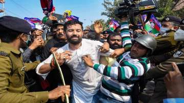 Police detain Lok Janshakti Party (Ramvilas) chief Chirag Paswan and his supporters during their Bihar Bachao protest march towards Rajbhawan, in Patna
