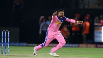 Former Rajasthan Royals player Shreyas Gopal celebrates after taking a wicket during an IPL game 