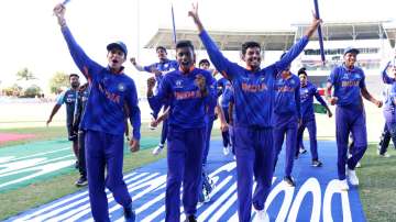 India U19 team celebrating ICC U19 World Cup 2022 win. 