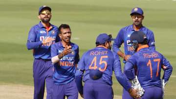 Indian men's cricket team discussing whether they should take a review in the 1st ODI against West I