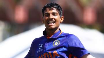 Yash Dhull celebrates his hundred during India's game in ICC Under 19 World Cup 2022   