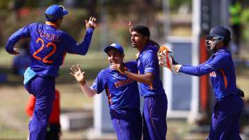 Yash Dhull celebrates with India U19 players after taking a wicket during the U19 WC Match