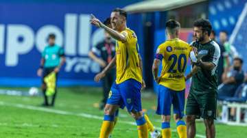 Kerala Blaster FC player Alvaro Vazquez celebrating win over North East United FC