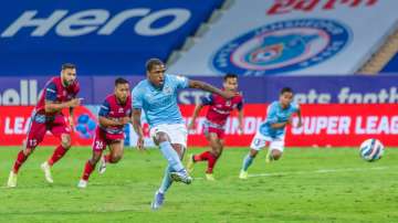 Players of Mumbai FC vs Jamshedpur FC during an ISL match  