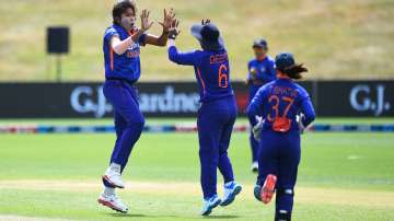 Indian women players celebrate after taking a wicket against New Zealand women in the 3rd ODI (File 