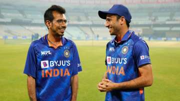 Debutant Ravi Bishnoi talking to Yuzvendra Chahal after winning against West Indies in the 1st T20I.