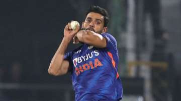 Deepak Chahar in action during 3rd T20I against West Indies