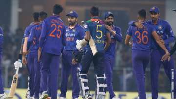 Indian players celebrate after winning the 1st T20I against Sri Lanka in Lucknow