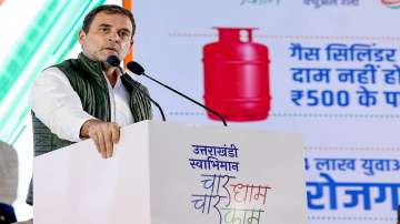 Congress leader Rahul Gandhi speaks during the Uttarakhandi Swabhiman Rally ahead of the Uttarakhand Assembly elections, in Haridwar, on? Saturday.