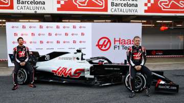 Romain Grosjean of France and Haas F1 and Kevin Magnussen of Denmark and Haas F1 are pictured at the