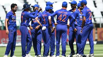 Indian players celebrating after taking a wicket in an ODI match
