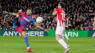 FC Barcelona's Pierre Emerick Aubameyang scores the first goal to make it 1-0 during the La Liga mat