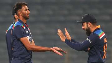 Prasidh Krishna and Virat Kohli celebrating wicket in the second ODI.