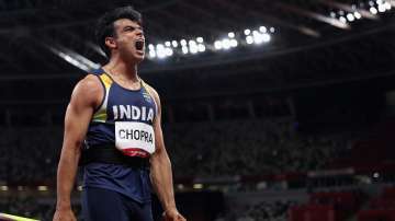 Neeraj Chopra of Team India reacts as he competes in the Men's Javelin Throw Final on day fifteen of