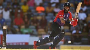 Moeen Ali of England plays a shot during a T20I match against West Indies