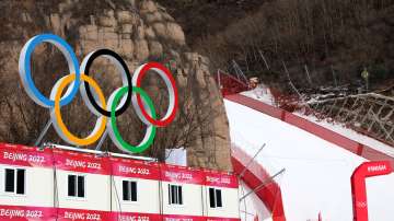 The Olympic rings are seen at the Downhill finish line ahead of Beijing 2022 Winter Olympic Games.