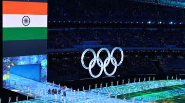 A large Olympic ring logo inside the stadium when Team India lead their team out during the Opening 