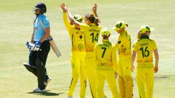 Australian players celebrate after dismissing England's Sophie Ecclestone during third Women's Ashes
